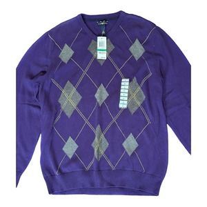CLUB ROOM MEN’S Preppy ARGYLE V-NECK Breathable 100% COTTON Summer SWEATER Sz L